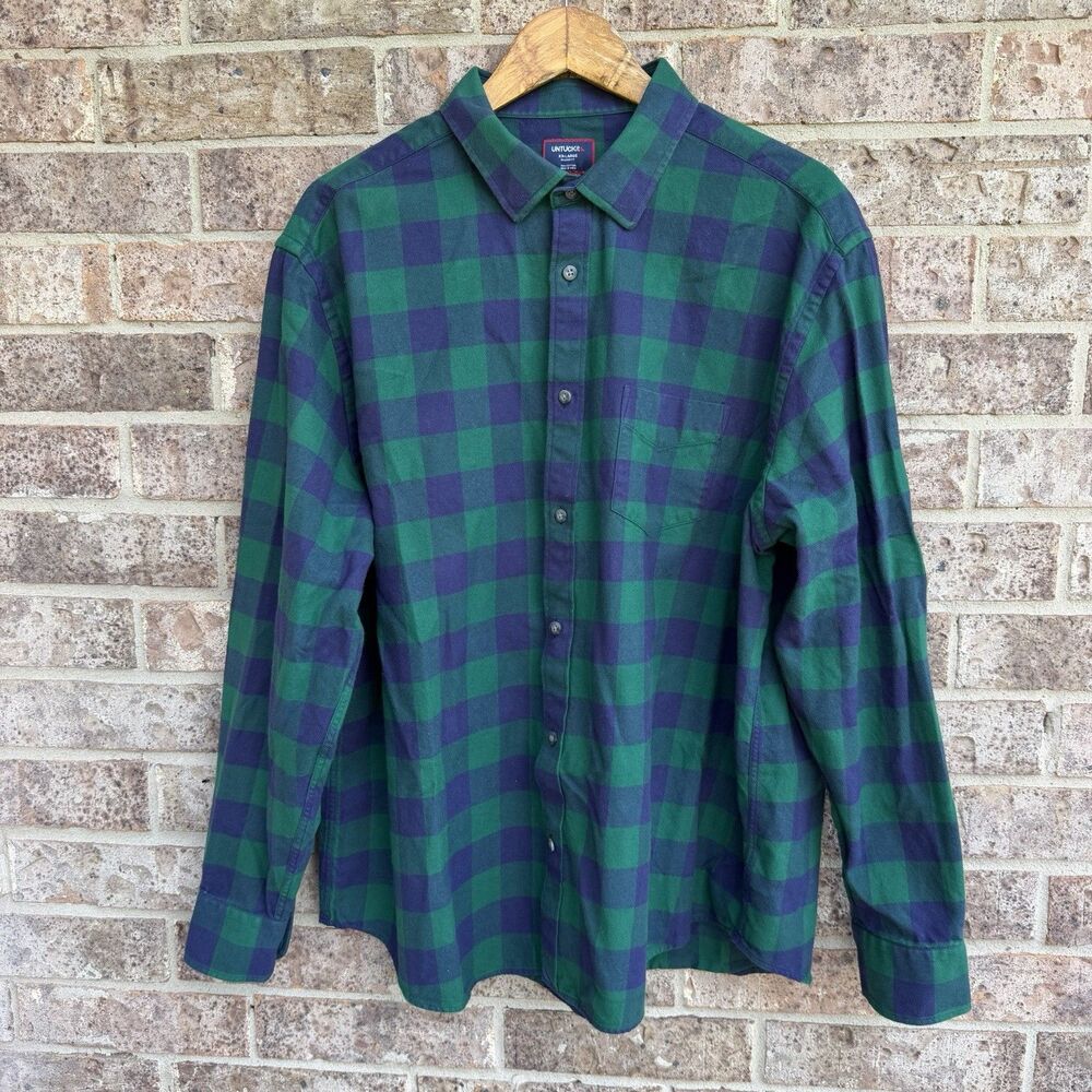 UNTUCKit Green Plaid Flannel Shirt Mens Large Relaxed Fit Size XXL Button Up